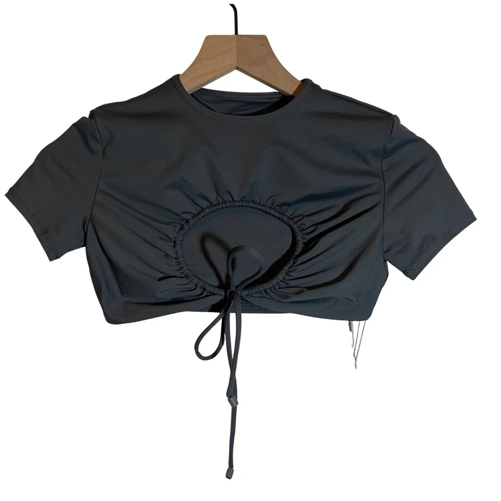 SKIMS Recycled Swim Ruched‎ T-Shirt in Gunmetal Grey Crop Top, Size XXS NWT